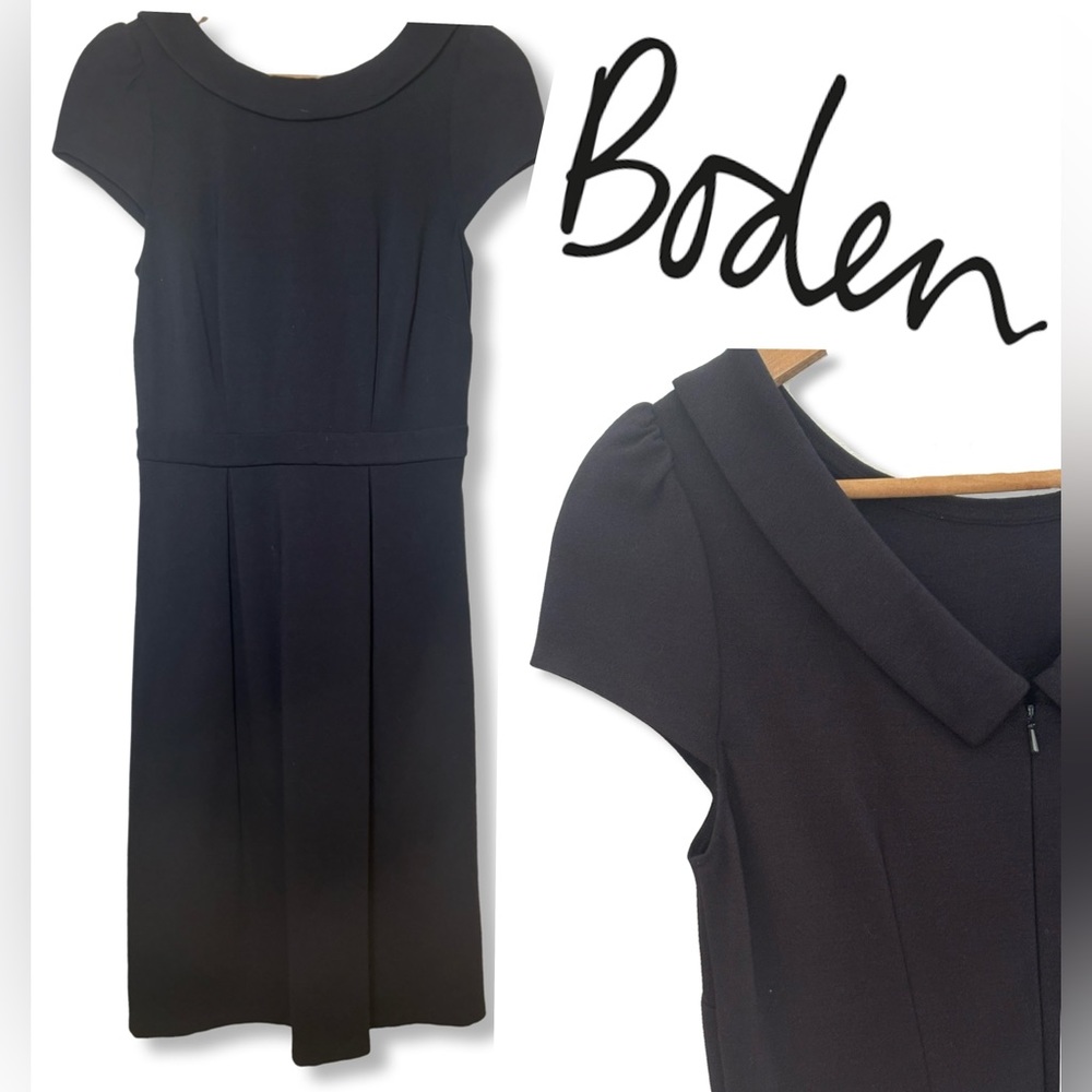 Boden Navy Jersey Knit Dress Sz 6 Cap Sleeve V Back Zip Closure Sophisticated